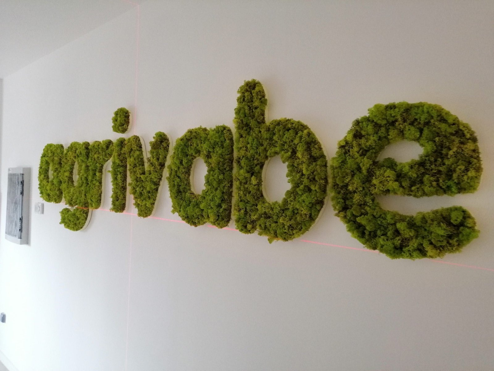 Logótipo da Agrivabe em parede de jardim vertical preservado com musgo reindeer para receção - Projeto Moss n Art Portugal