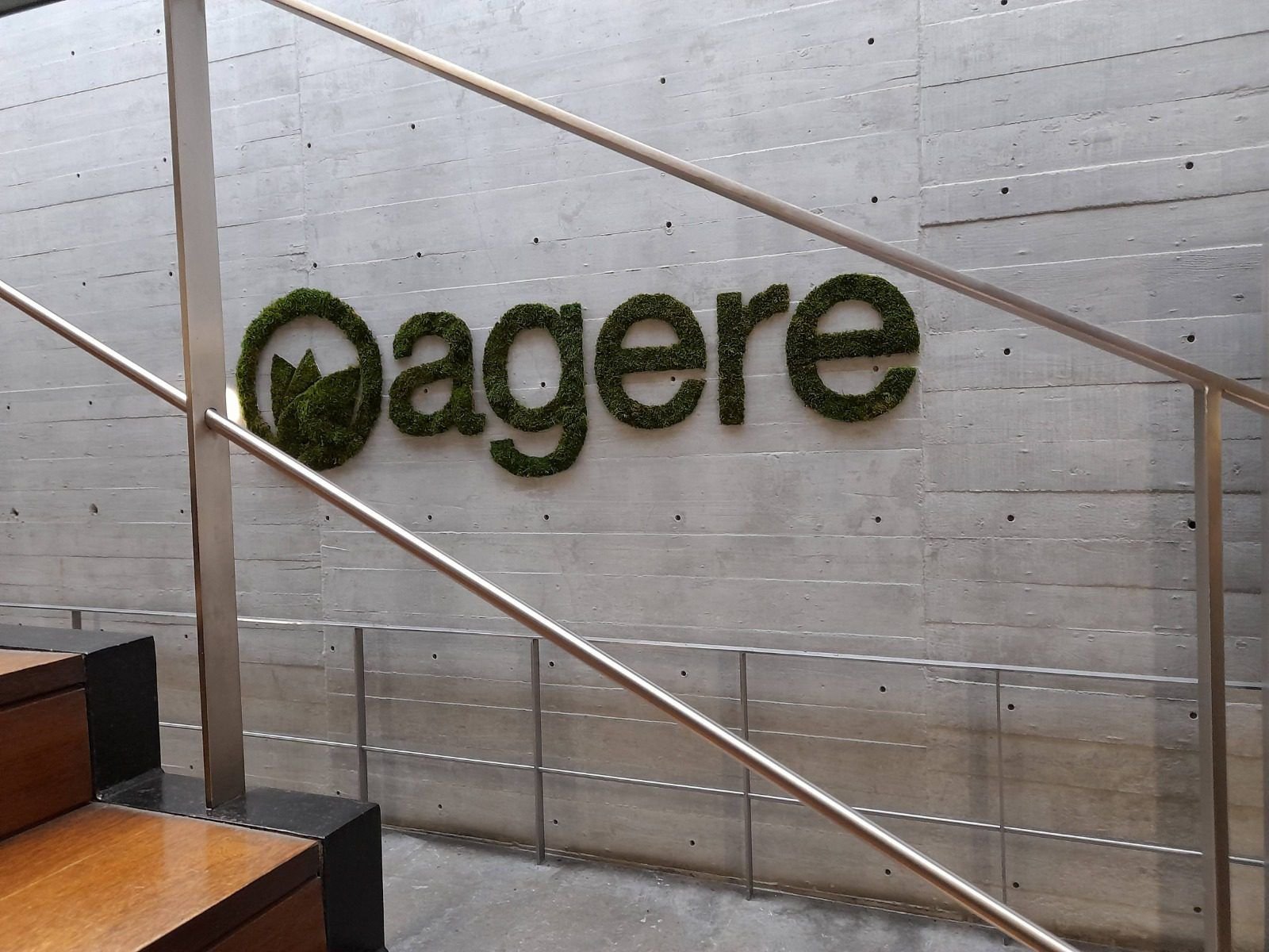 Logótipo da Agere em parede de jardim vertical de musgo plano para receção - Projeto Moss n Art Portugal